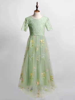 Žalia Gėlių Išsiuvinėti Gėlių Mergaitės Suknelė Lace V-atgal su Troškinti Kraštų ir Minkštas Flowey Embroid Tiulio Sijonas