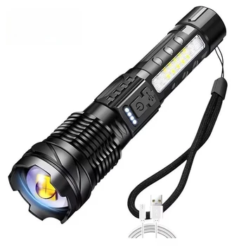 Didelės Galios LED Žibintuvėlis USB Įkrovimo Teleskopinis Zoom su šoniniu Šviesos Vandeniui IPX4 18650 įmontuota Baterija
