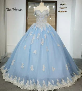 Šviesiai Mėlyna Quinceanera Suknelės 2023 Balta Nėrinių Zawalcowany Princesė Vestidos De Xv Años Zawalcowany Korsetas Kamuolys Suknelė Promenadzie Suknelė Elegantiškas