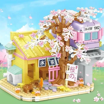Kūrybos Street View Izakaya Sakura Namas Modelis Blokai Miesto Cherry Blossom Namelis SS Plytų Pav Žaislai Vaikas Dovana