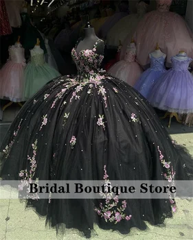 Princesė Quinceanera Suknelės 2023 Gėlių Appliques Granulių Kristalai Dirželiai Meksika Saldus 16 Suknelė Vestido De 15 Anos Prom Šalis