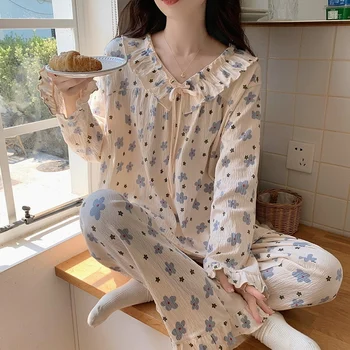 Iki 2023 m. Rudenį ilgomis Rankovėmis Sexy Nėrinių V-kaklo Medvilnės Spausdinti Pajama Komplektai Moterų korėjos Mielas Sleepwear Pyjama Homewear Ponios Drabužiai
