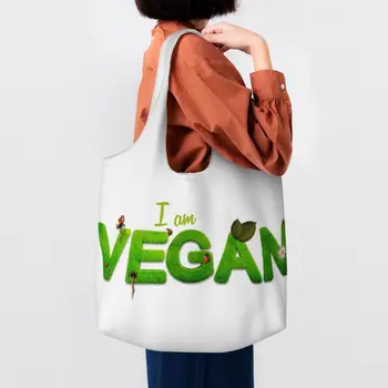 Aš Esu Veganas Bakalėja Tote Pirkinių Krepšys Moterims Sveiko Maisto Drobės Pirkėjo Pečių Maišą Didelių Pajėgumų Krepšiai, Rankinės Fotografija