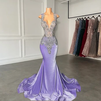 Realios Nuotraukos Prabanga Mermaid Stiliaus Blizgančių Sidabro Kristalai Black Diamond Merginos Levandų Aksomo Ilgai Prom Dresses 2023