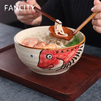Rankų darbo emalio ranka-dažytos 7 colių Japonų keramikos dubenėlį namų sriuba bowl komercinės restoranas didelių makaronų dubenį