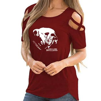 Mielas anglų Buldogas galvos Spausdinti Moterys T-Shirt Vasaros Gyvūnų Mylėtojas Dovana Kryžiaus Off Peties Atsitiktinis Marškinėlius Femme Viršūnes Moterų