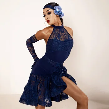 Naujas Nėrinių lotynų Šokių Suknelė Tiktų Backless Rankovių Latino Dancewear Cha Cha, Samba Rumba Bodysuit Sijonai Kostiumas Nustatyti YD131