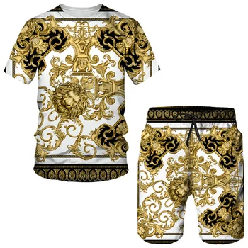 Vasarą Aukso Liūto Statula Modelio 3D Spausdinimo vyriški Marškinėliai/Shorts/Kostiumas Baroko Stiliaus trumpomis Rankovėmis Tracksuit Hip-Hop Streetwear Rinkinys