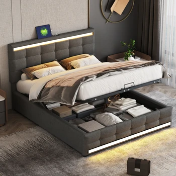 Minkštų lova 140*200 Minkštų LED lovos rėmas su dideliais sandėliavimo vietos, lovos rėmu Minkštų pagalvėlė platforma lova pilka