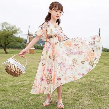 Mergaičių suknelė vasaros suknelė didelis vaikų westernized gėlių šifono princesė dress 2023 nauja vaikų vasaros mergaičių suknelė