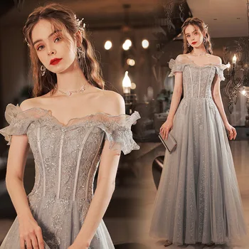 Elegantiškas Off Peties Ilgai Promenadzie Suknelė Moterims China Tiulio Pynimas Šalis Oficialų Suknelė Vestuvių Bridesmaid Photoshoots Suknelių Mados