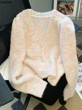 Rudenį, Žiemą Atsitiktinis Megztinis Moterims korėjos Elegantiškas Megztas susagstomi megztiniai Moterų Derlius V-nack ilgomis Rankovėmis Viršutiniai drabužiai Kintwear Viršūnės